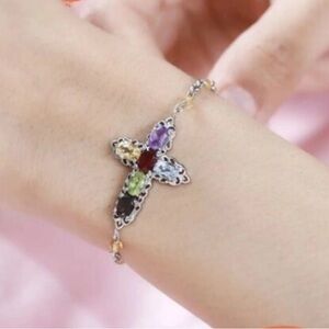 🗽Elegant Multi-Gemstone Silver Bracelet. Cross Bracelet in Stainless Steel Metal